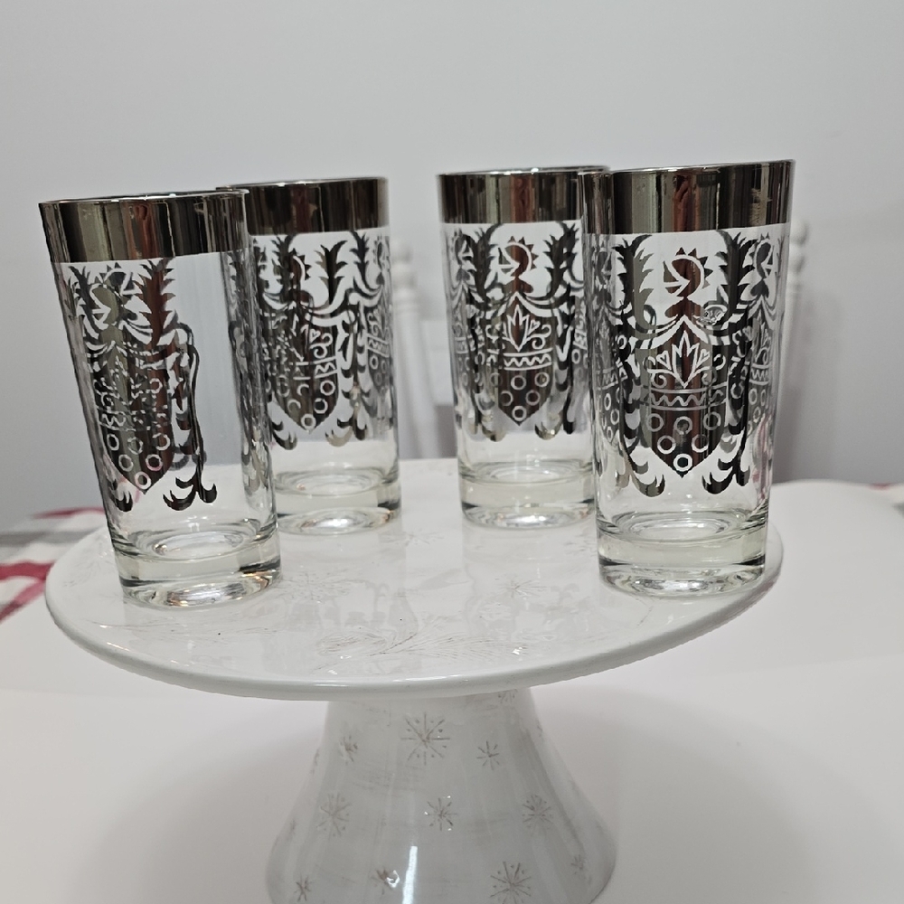 Vintage MCM Set Of 4 Kimiko Silver Knight Shield Highball Glasses  Barware